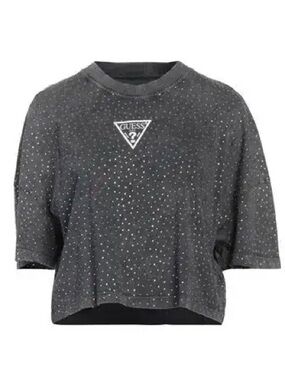 GUESS T-shirt Jersey Crew RHINESTONE Applique Crystals Embellished Crop Sz Large